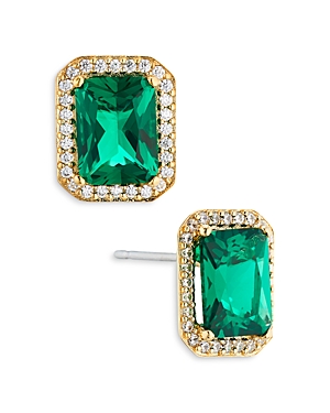 Nadri Emerald Cut Halo Stud Earrings In Green/gold