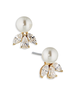 Nadri Chiara Imitation Pearl & Three Stone Stud Earrings In Gold