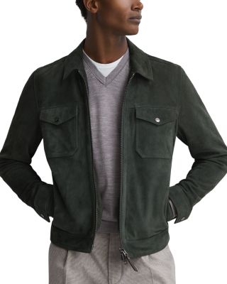 Reiss Pike Long Sleeved Suede Regular Fit Zip Jacket In Forest