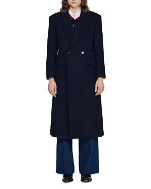 Shop Sandro Boucle Double Breasted Long Coat In Deep Blue