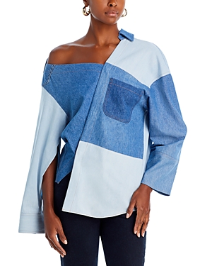 Shop A.w.a.k.e. Asymmetric Paneled Top In Blue Denim