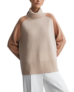 Reiss Edina Color Blocked Roll Neck Sweater In Camel/charcoal