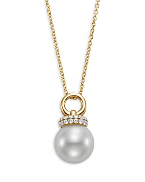 Bloomingdale's Cultured Freshwater Pearl & Diamond Circle Pendant Necklace In 14k Yellow Gold, 16-18 In White/gold