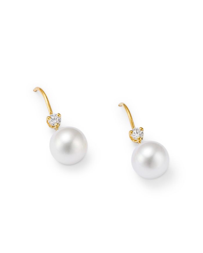14K Yellow Gold White Pearls Cultured Freshwater Pearl & Diamond Drop Earrings