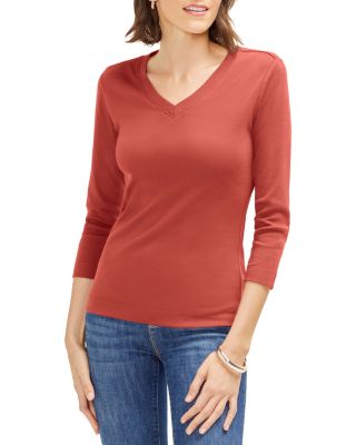 Three Dots Solid V-neck Tee In Russet Brown