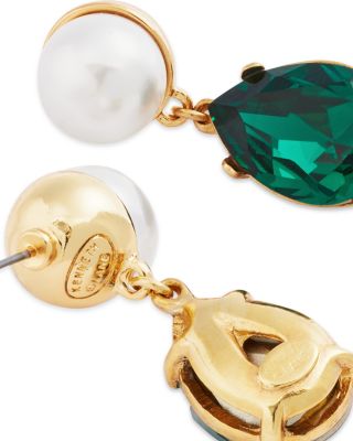 Imitation Pearl &amp; Green Stone Drop Earrings in Gold Tone