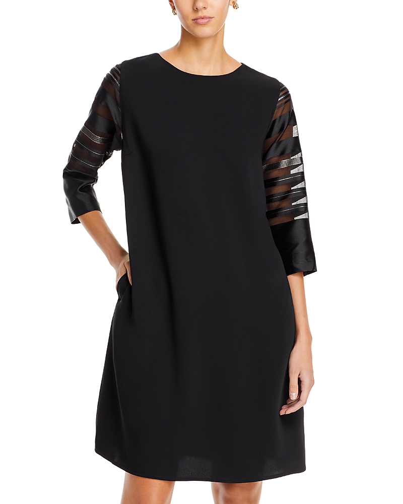 Caroline Rose Striped-sleeve Crepe Midi Shift Dress In Multi/black