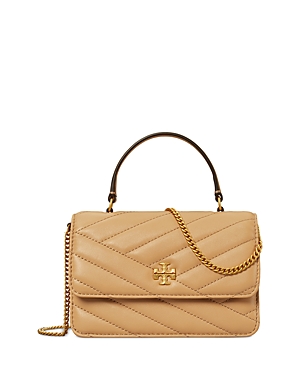 Shop Tory Burch Kira Chevron Mini Top Handle Chain Wallet In Desert Dune/gold