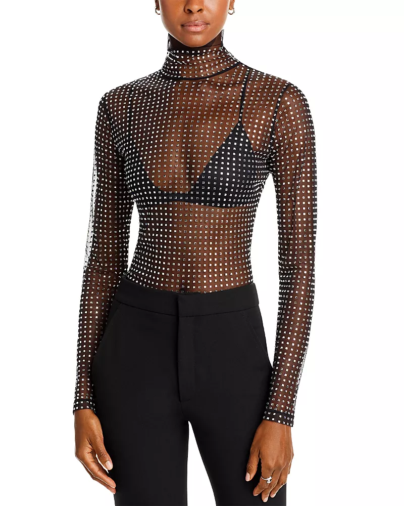 A. l.c. James Embellished Mesh Turtleneck Top