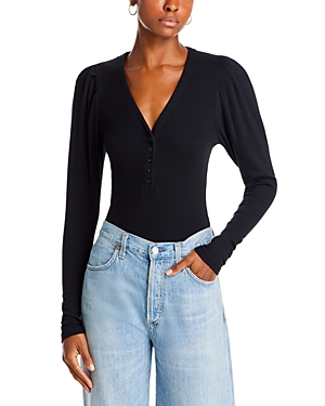 Frame Gathered Sleeve Henley Top In Black