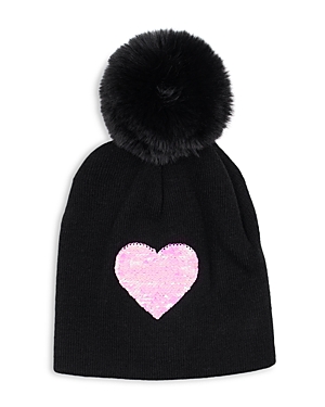 Surell Girls' Knit Heart Hat With Pom Detail - Big Kid In Black