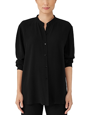 Eileen Fisher Silk Mandarin Collar Boxy Shirt In Black