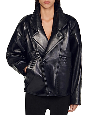 Shop Sandro Clem Oversized Leather Jacket In Black