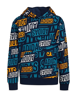 Shop Adidas Originals Boys' Long Sleeve Brand Sticker Printed Pullover Hoodie - Big Kid In Navy/aqua