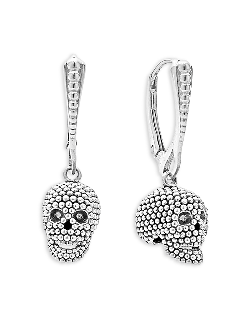 Lagos Sterling Silver Rare Wonders Caviar Bead Skull Drop Earrings In Silver