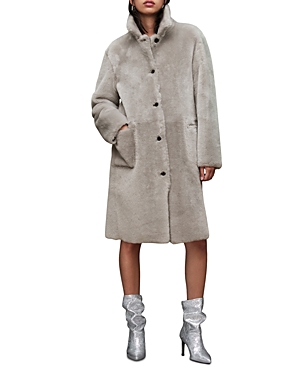Allsaints Serra Reversible Shearling Coat In Pale Grey