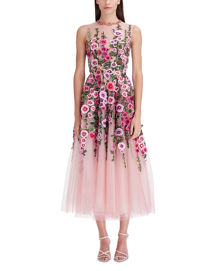 Oscar de la Renta Embroidered Floral Tulle Dress | Bloomingdale's