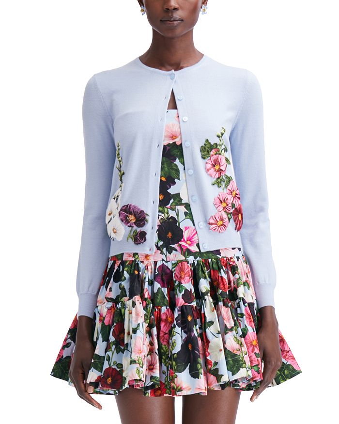 Cardigan Oscar De La Renta Noir à Franges Et Fleurs – Taille L, Manches Longues, Neuf Sans étiquettes