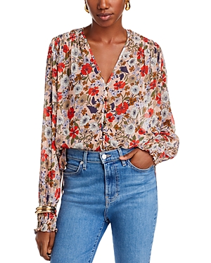 Veronica Beard Neha Floral Smocked Long-sleeve Top In Line Floral Coral