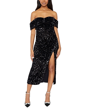 Shop Likely Ronan Off-the-shoulder Sequined Midi Dress In Black