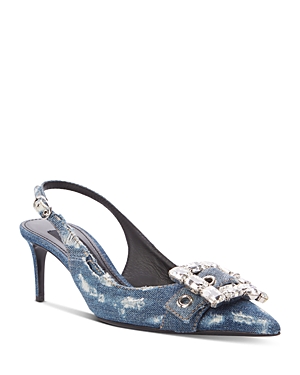 Shop Dolce & Gabbana Women's Distressed Denim Kitten Heel Slingback Pumps In Dark Blue