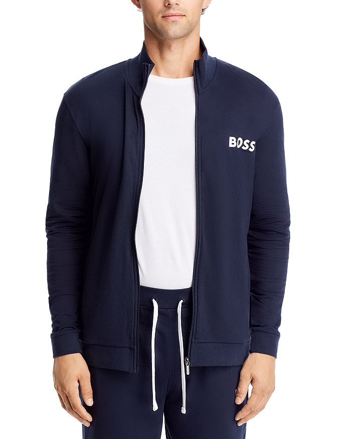 Shop Hugo Boss Ease Cotton Logo Print Full Zip Jacket Regular Fit In Dark Blue