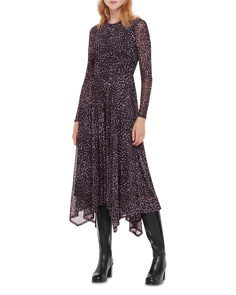 Whistles Feather Leopard Print Mesh Midi Dress In Gray