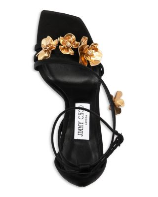 【25SS NEW】Jimmy Choo/Zea 95 フラワー装飾付きサテンサンダル ZEA 95 | Black Satin Sandals with Metal Flowers | New