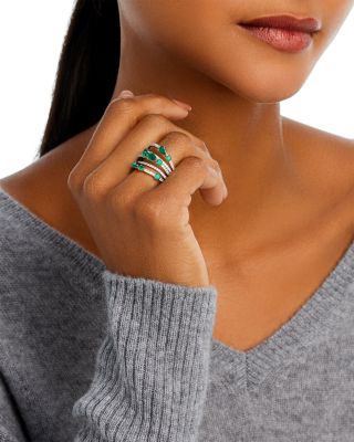 Emerald & Diamond Multirow Statement Ring in 14K White Gold