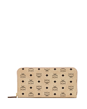 Shop Mcm Zip Around Large Leather And Canvas Wallet In Beige