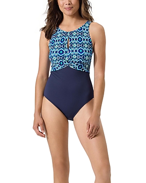 Shop Tommy Bahama Island Cays Ikat High Neck One Piece Swimsuit In Beaming Blue