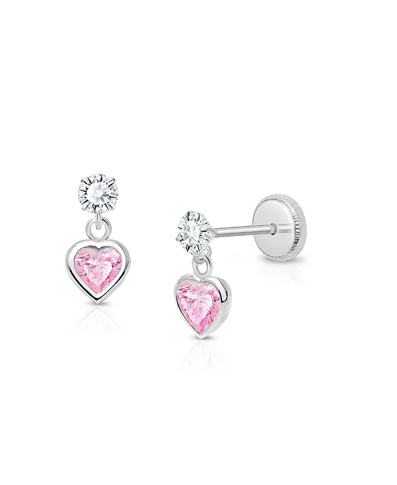 Tiny Blessings Girls' 14k Gold Fearless Heart Pink & Clear Drop Screw Back Earrings - Little Kid, Big Kid In K White Gold