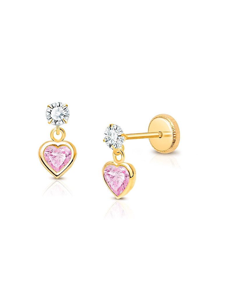 TINY BLESSINGS GIRLS' 14K GOLD FEARLESS HEART PINK & CLEAR DROP SCREW BACK EARRINGS - LITTLE KID, BIG KID