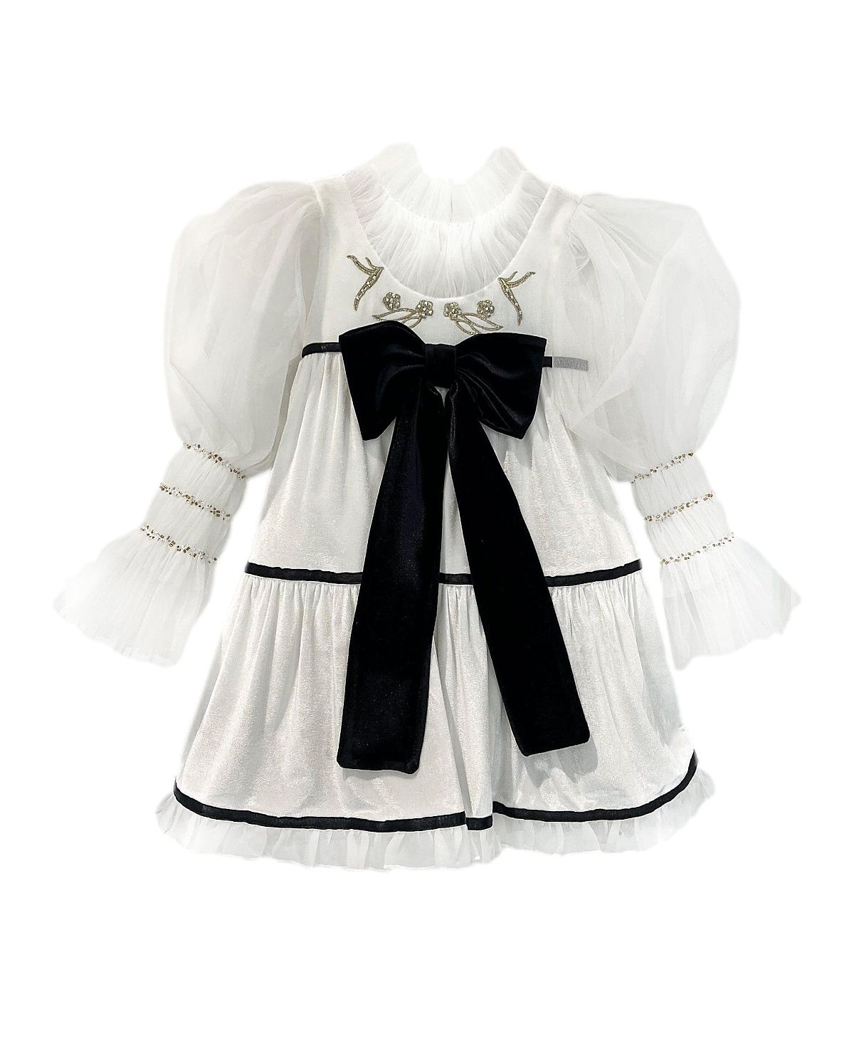 Petite Maison Kids Girls' Aurora Ivory Velour Dress with Tulle Puff Sleeves - Baby, Little Kid, Big Kid