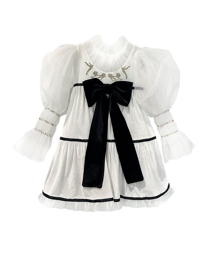 Petite Maison Kids Girls' Aurora Ivory Velour Dress with Tulle Puff Sleeves - Baby, Little Kid, Big Kid