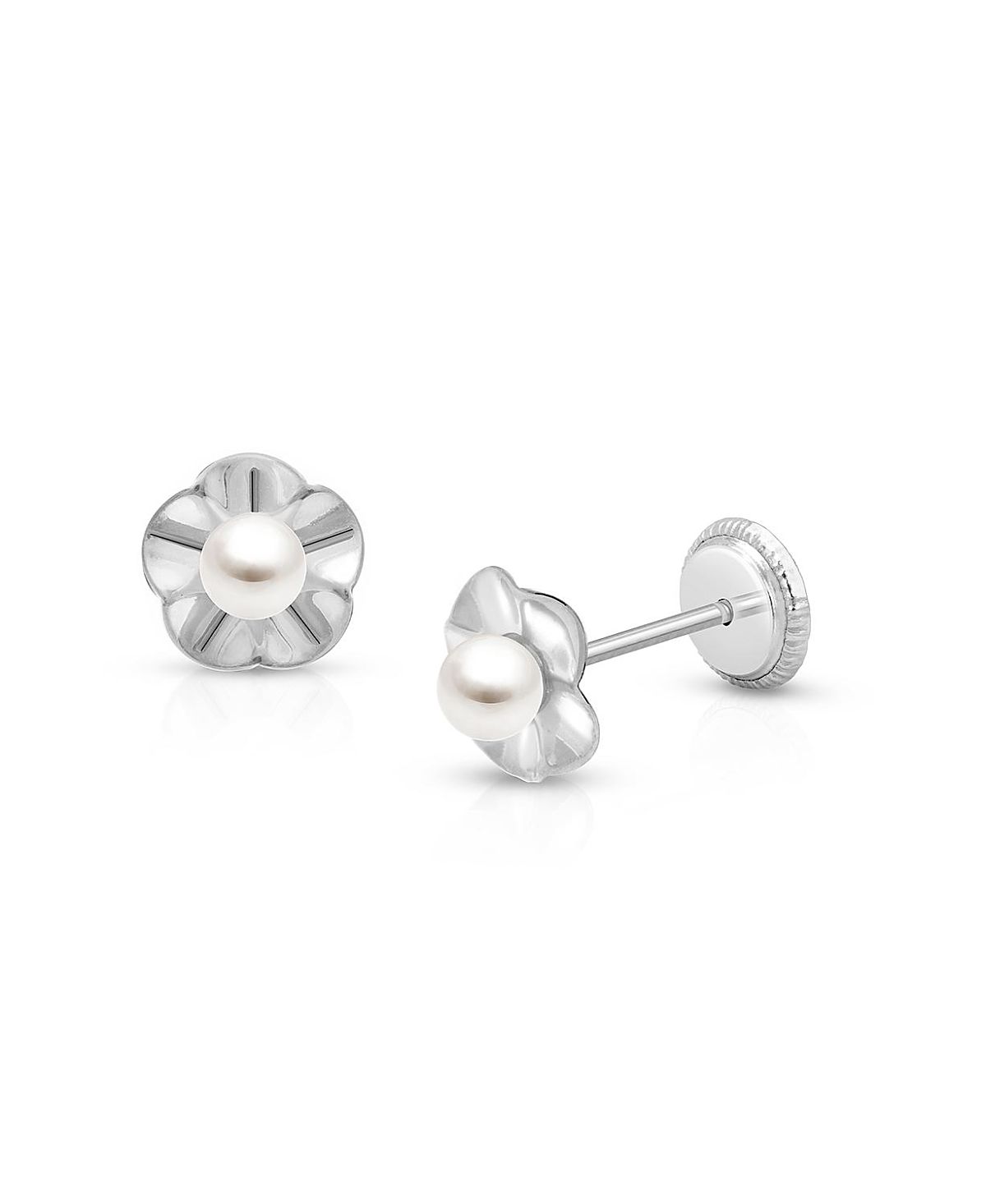 Tiny Blessings Girls' 14K Gold Ruffled Petals with Cultured Pearl Studs Screw Back Earrings - Children