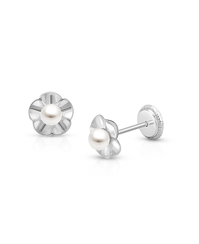 Tiny Blessings Girls' 14k Gold Ruffled Petals With Cultured Pearl Studs Screw Back Earrings - Baby, Little Kid, Big In K White Gold