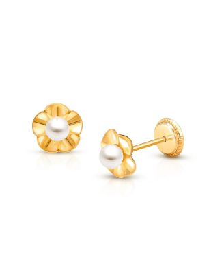 Tiny Blessings - Girls' 14K Gold Ruffled Petals with Cultured Pearl Studs Screw Back Earrings - Children