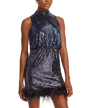Shop Eliza J Sequined Feather Hem Mini Dress In Black Multi