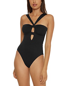 Women's Strapless Belted Black and White One-Piece Swimsuit