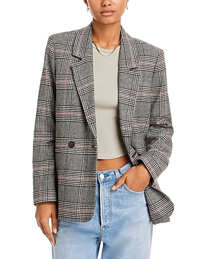 Shop Anine Bing Madeleine Double Breasted Jacket In Grey And Red Plaid