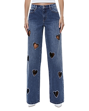 Shop Alice And Olivia Karrie High Waist Embellished Heart Cutout Jeans In True Blues Dark