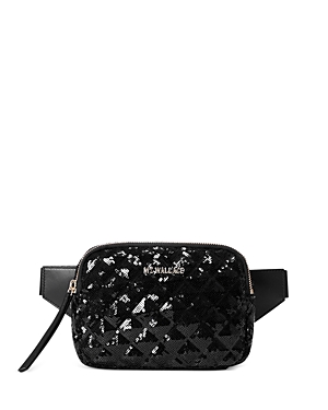 Shop Mz Wallace Madison Quilted Belt Bag In Black Sequin/light Gold