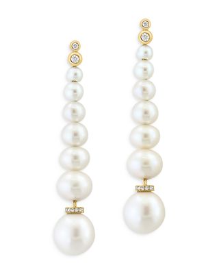 Bloomingdale's Fine Collection - Freshwater Pearl & Diamond Graduated Linear Drop Earrings in 14K Yellow Gold