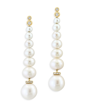 Bloomingdale's Freshwater Pearl & Diamond Graduated Linear Drop Earrings in 14K Yellow Gold