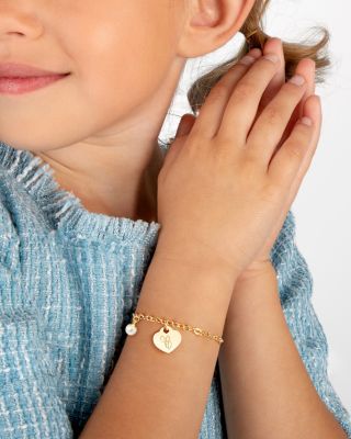  Girls 14K Gold Classic Charm Bracelet & Engraved Initial 6.25" Bracelet - Children