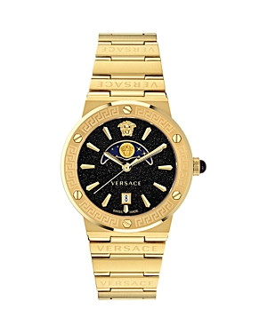 Shop Versace Greca Logo Moonphase Watch, 38mm In Black/gold