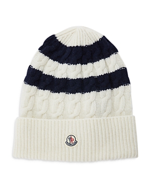 Shop Moncler Wool Striped Cable Knit Hat In White/blue