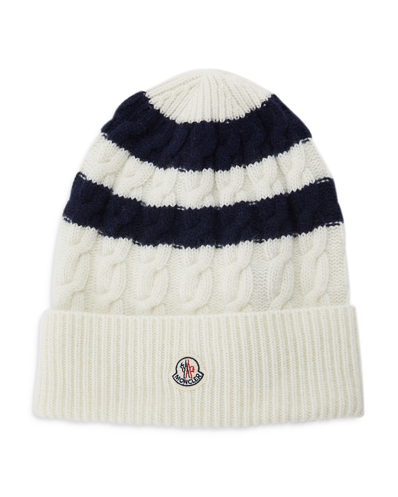 Moncler Wool Striped Cable Knit Hat In White/blue