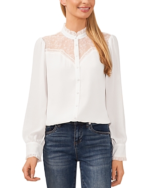 Cece Lace Yoke Button-up Shirt In New Ivory